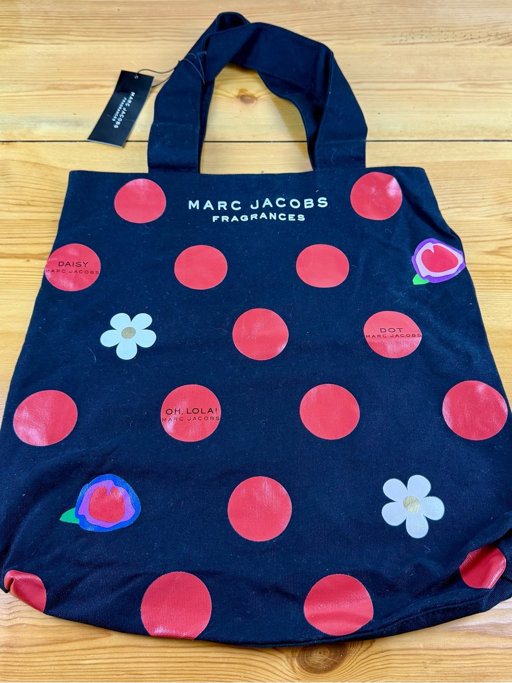 Marc Jacobs Black Tote with Red Polka Dots and Floral Accents